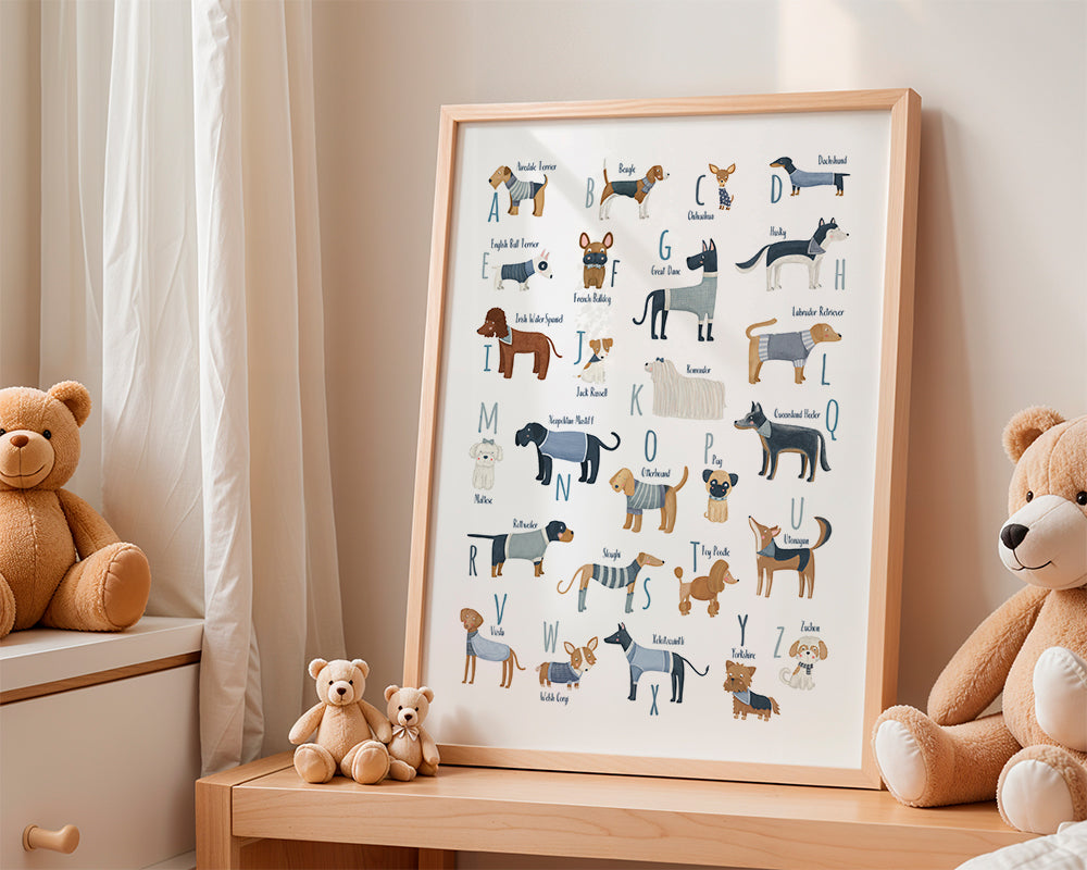 Kinderposter: alfabet met honden in blauw