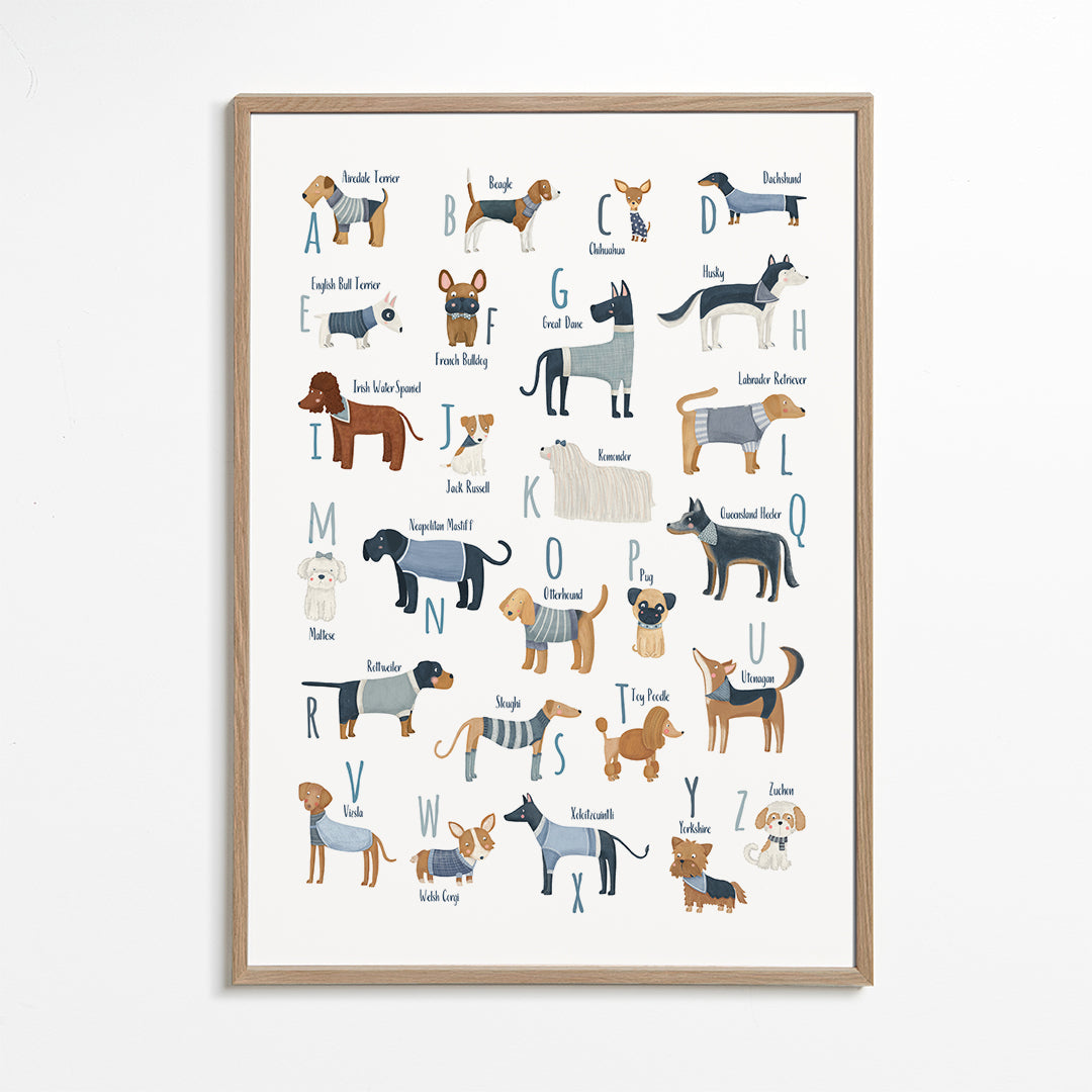 Kinderposter: alfabet met honden in blauw