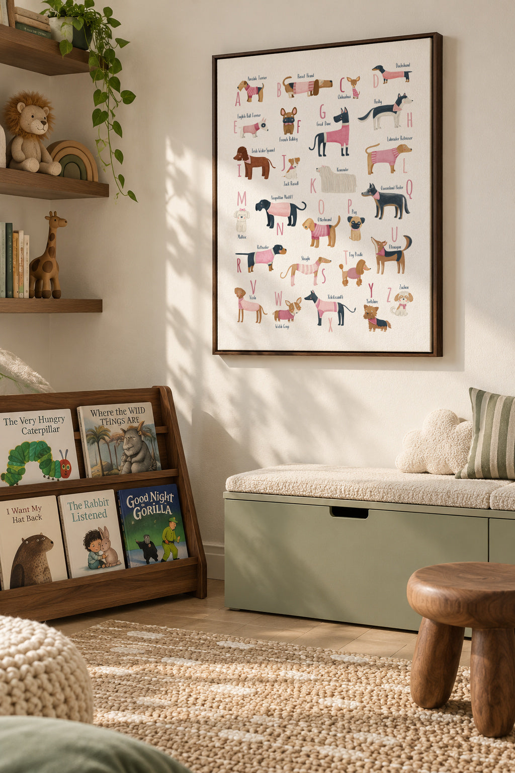 Abecedario con perros (rosa) - Framed canvas in an interior