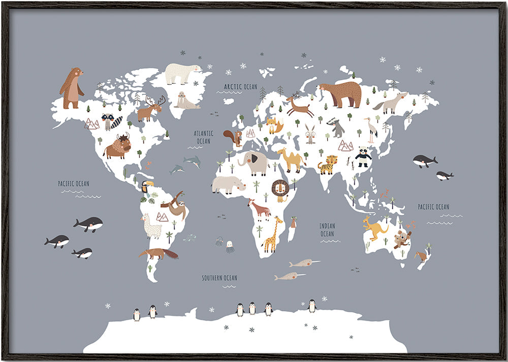 Reisposter wereldkaart met dieren in kobaltblauw