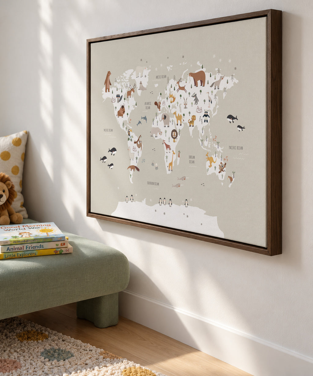 Mapa con animales beige - Framed canvas in an interior