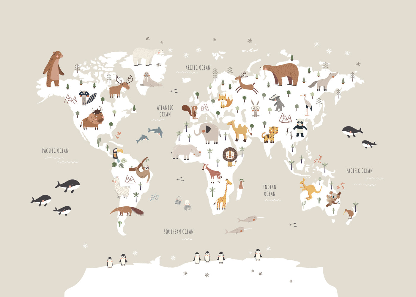 Reisposter: dierenkaart in beige tinten