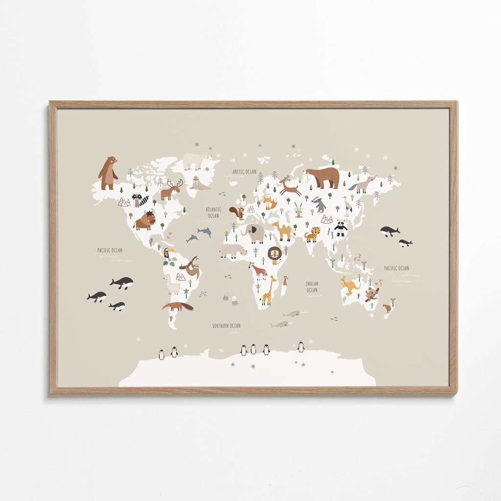 Reisposter: dierenkaart in beige tinten