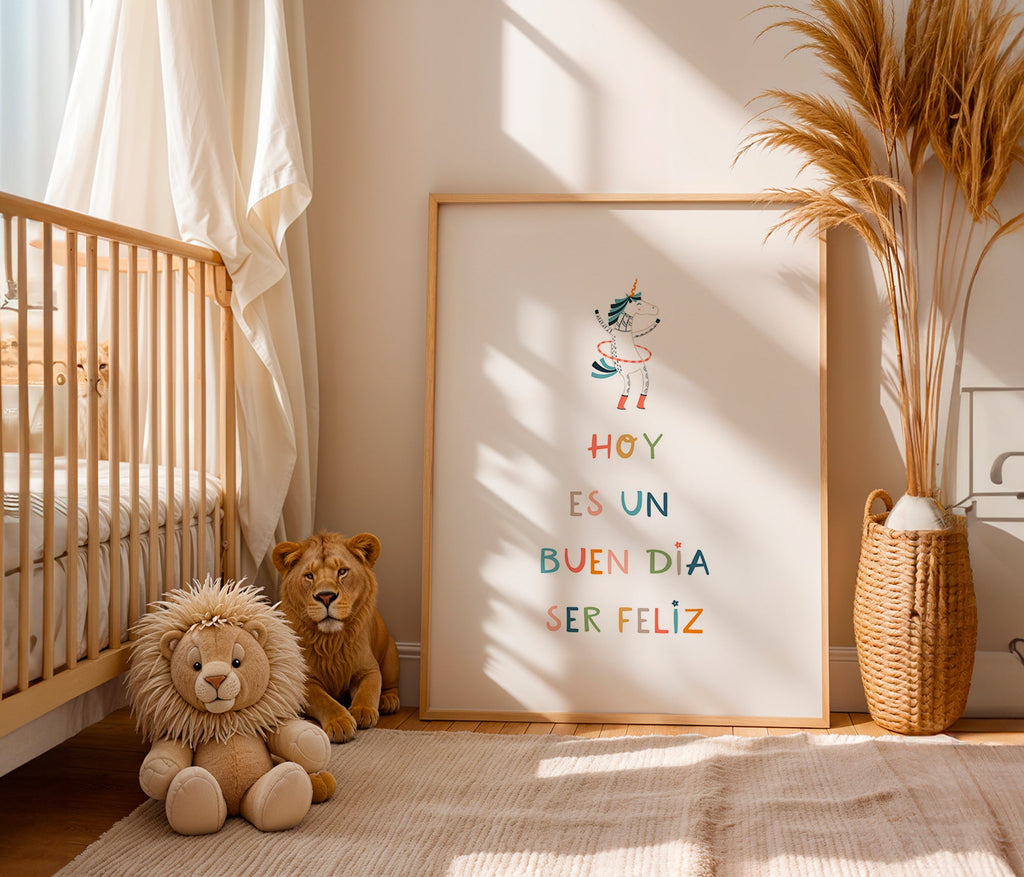 Kinderposter met eenhoorn en typografische tekst