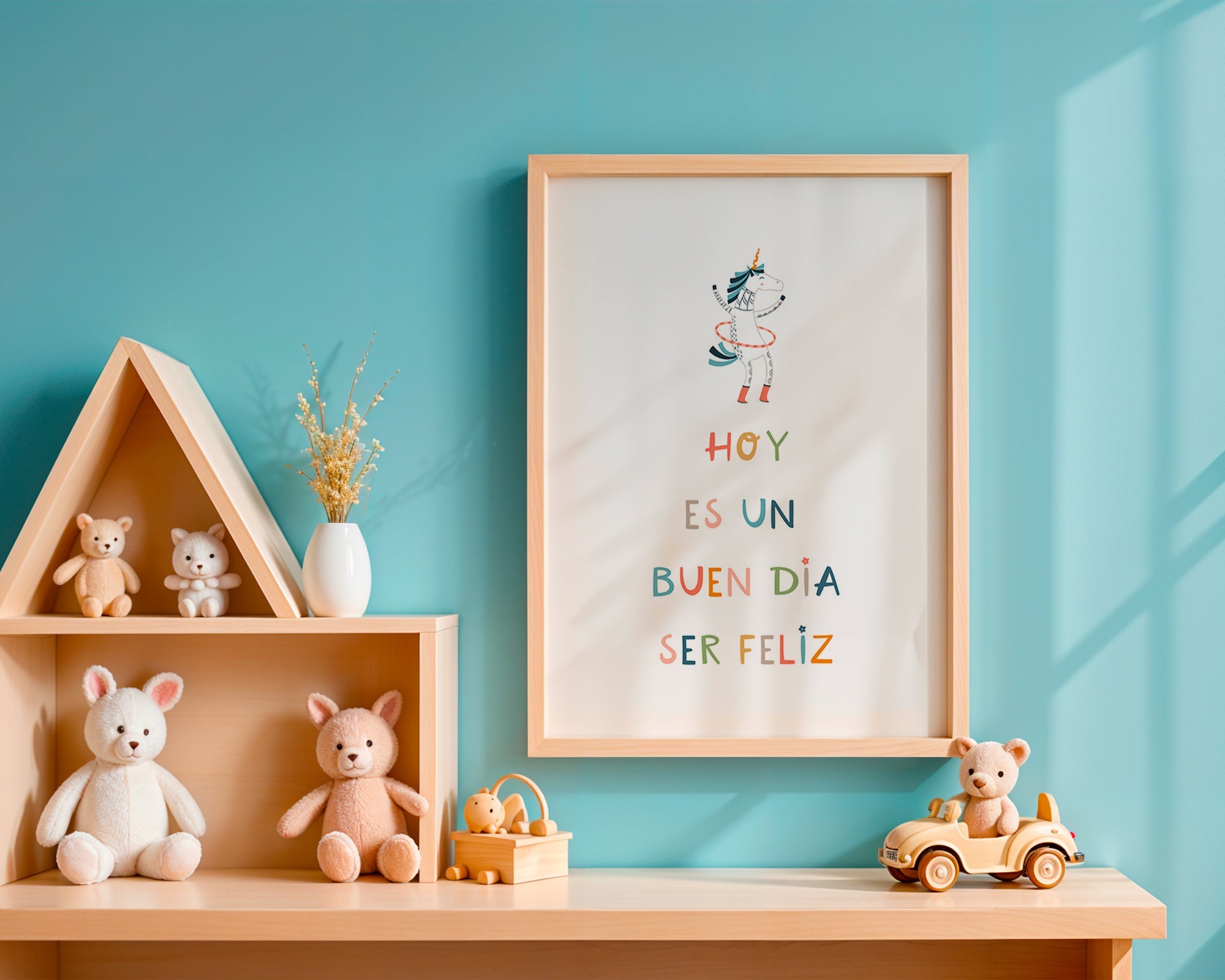 Kinderposter met eenhoorn en typografische tekst