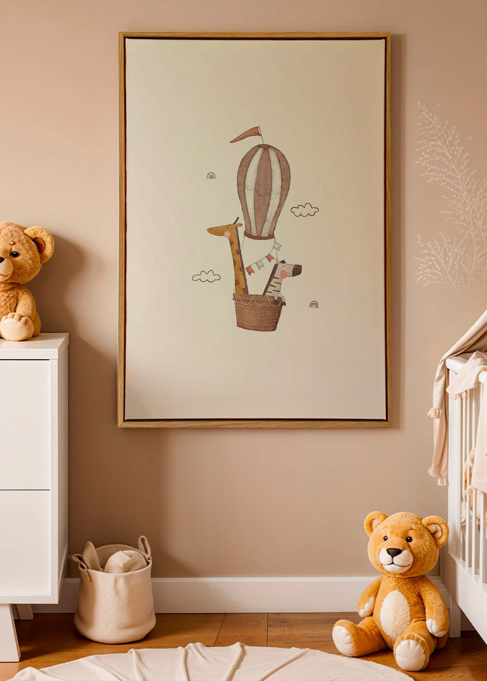 Kinderposter: giraffe en olifant in luchtballon