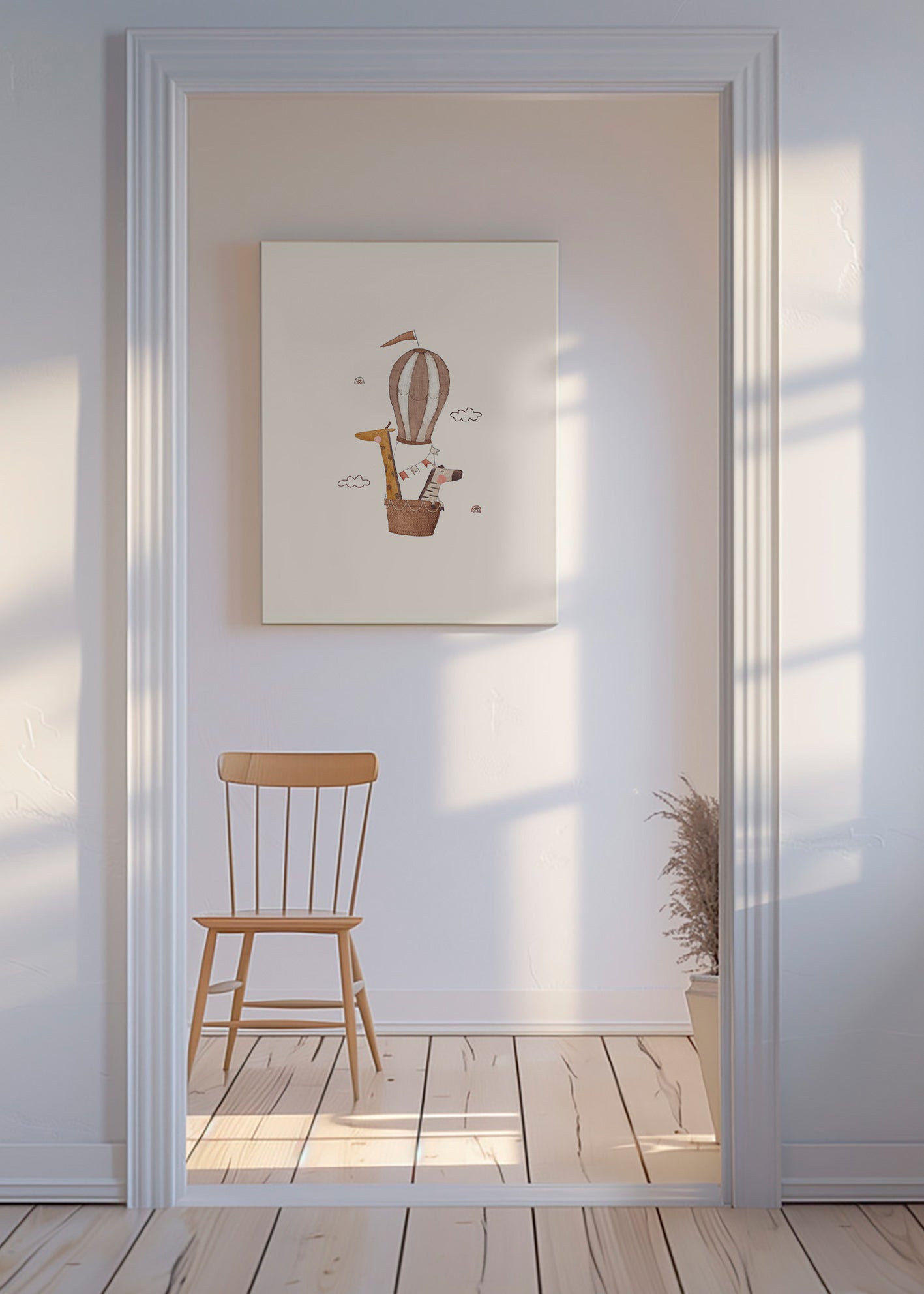 Kinderposter: giraffe en olifant in luchtballon