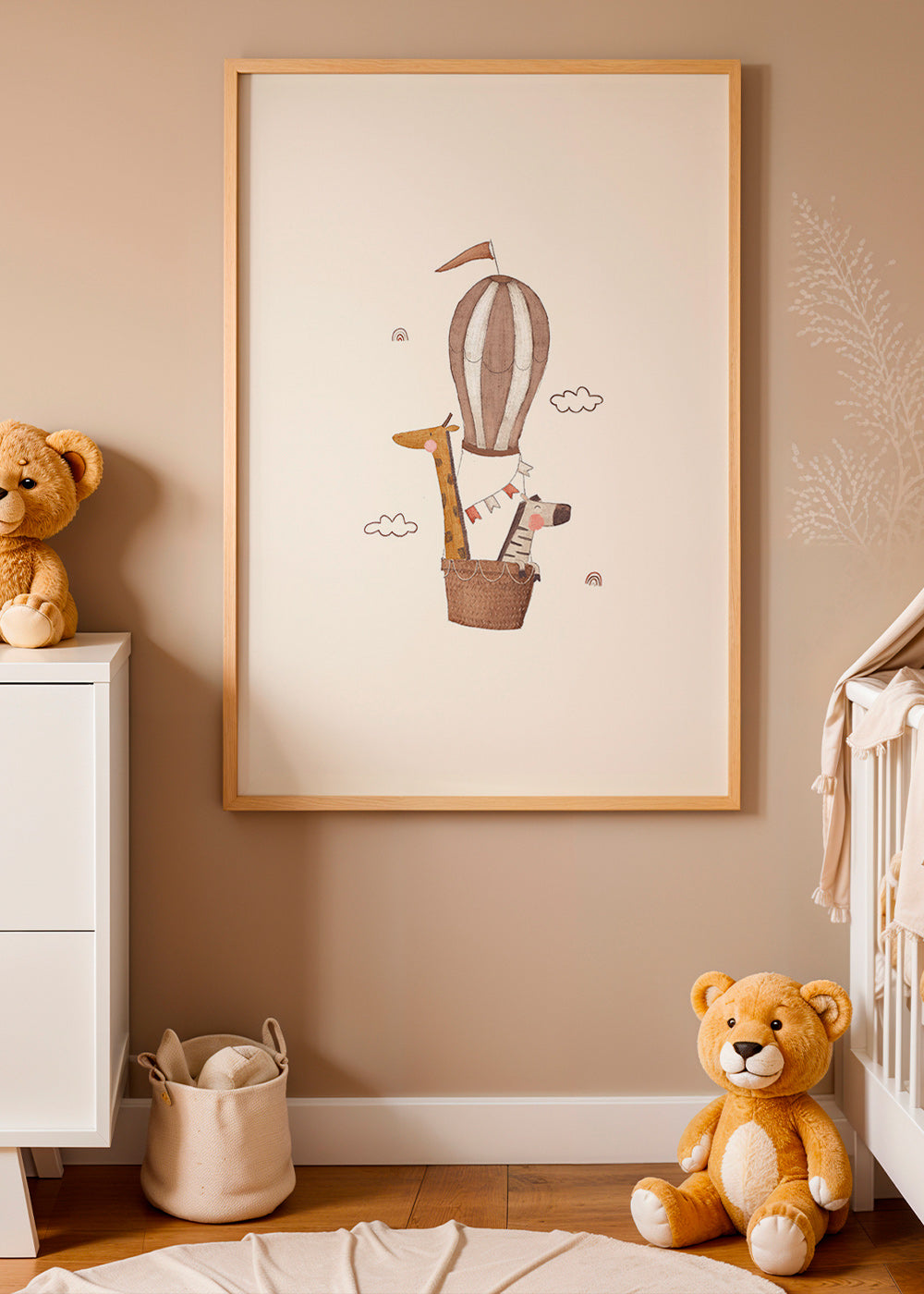 Kinderposter: giraffe en olifant in luchtballon