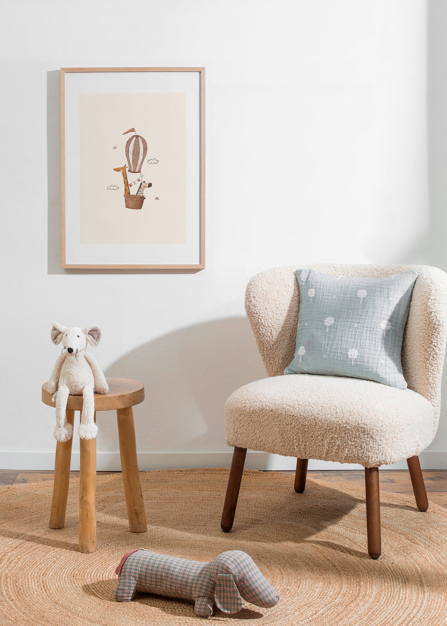 Kinderposter: giraffe en olifant in luchtballon