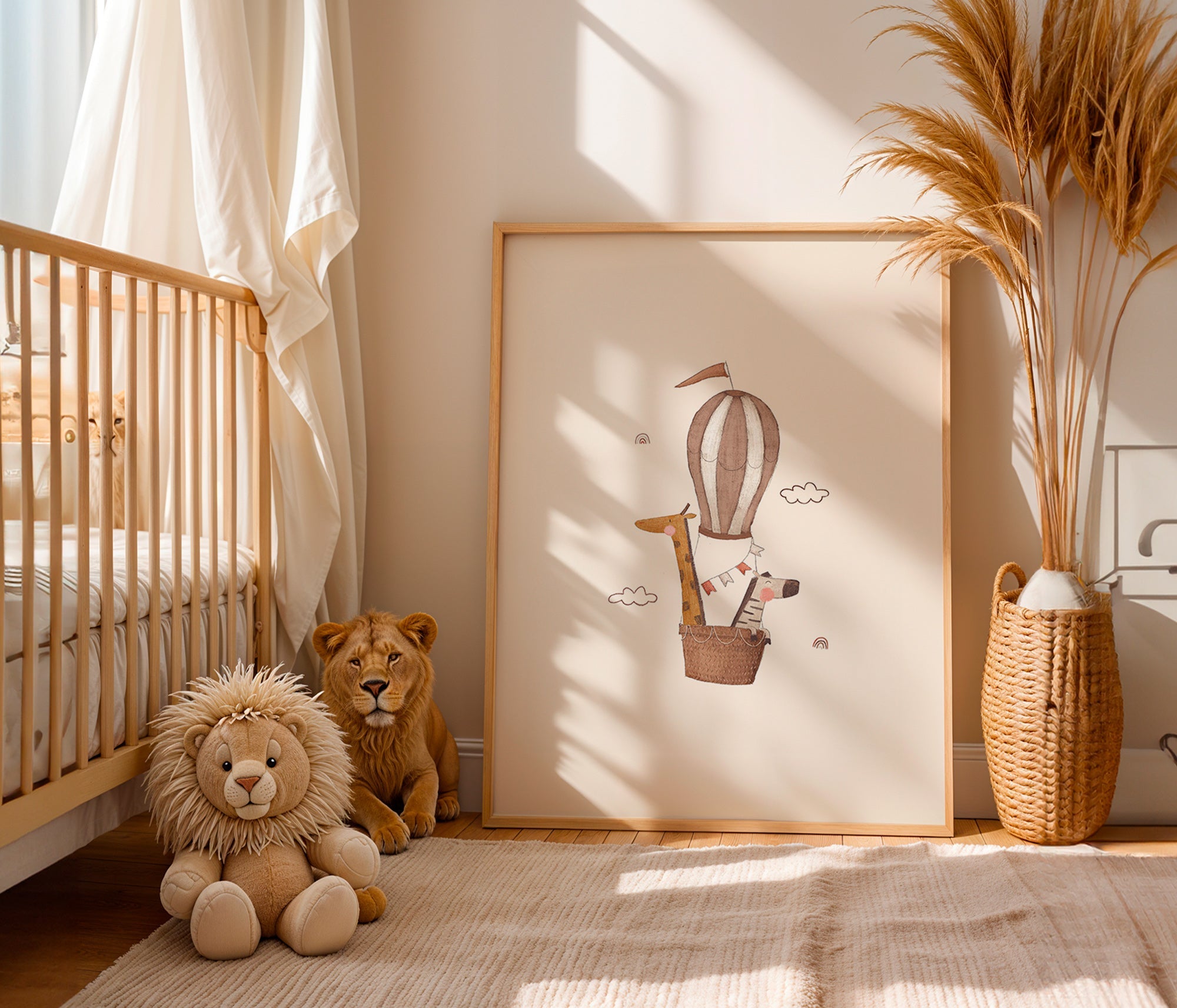 Kinderposter: giraffe en olifant in luchtballon
