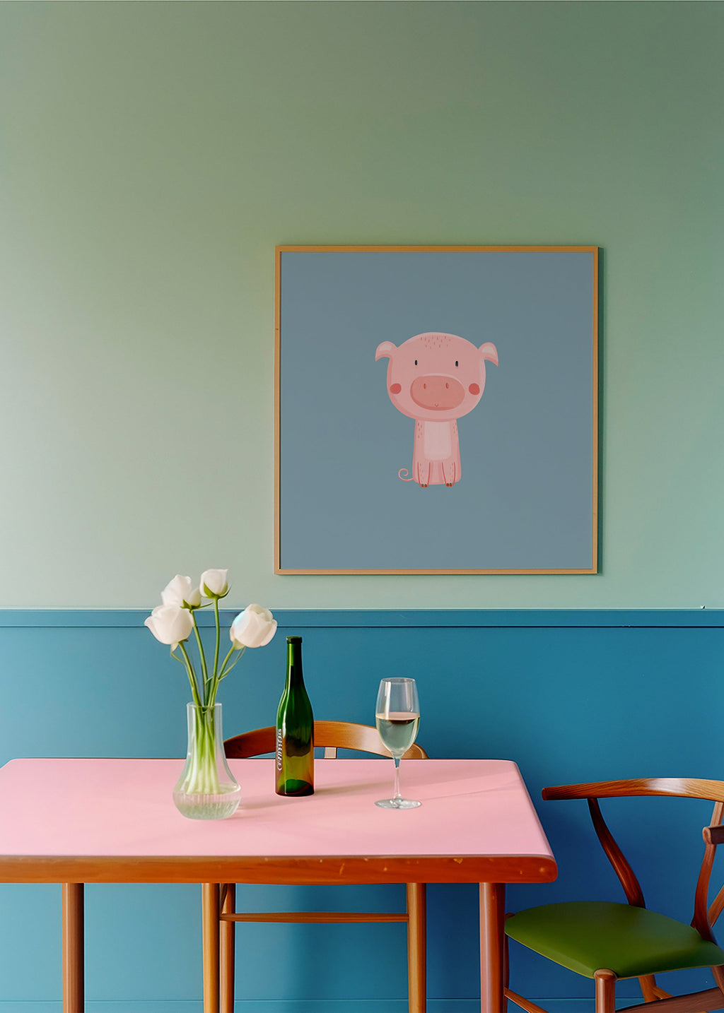 Kinderposter met roze biggetje in het midden