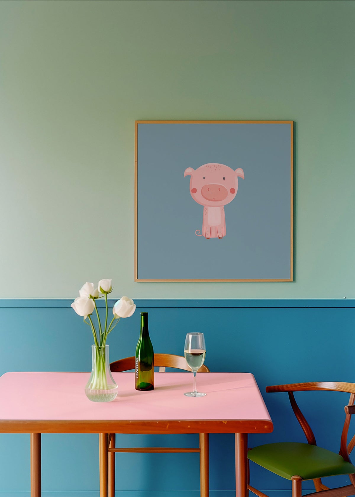 Kinderposter met roze biggetje in het midden