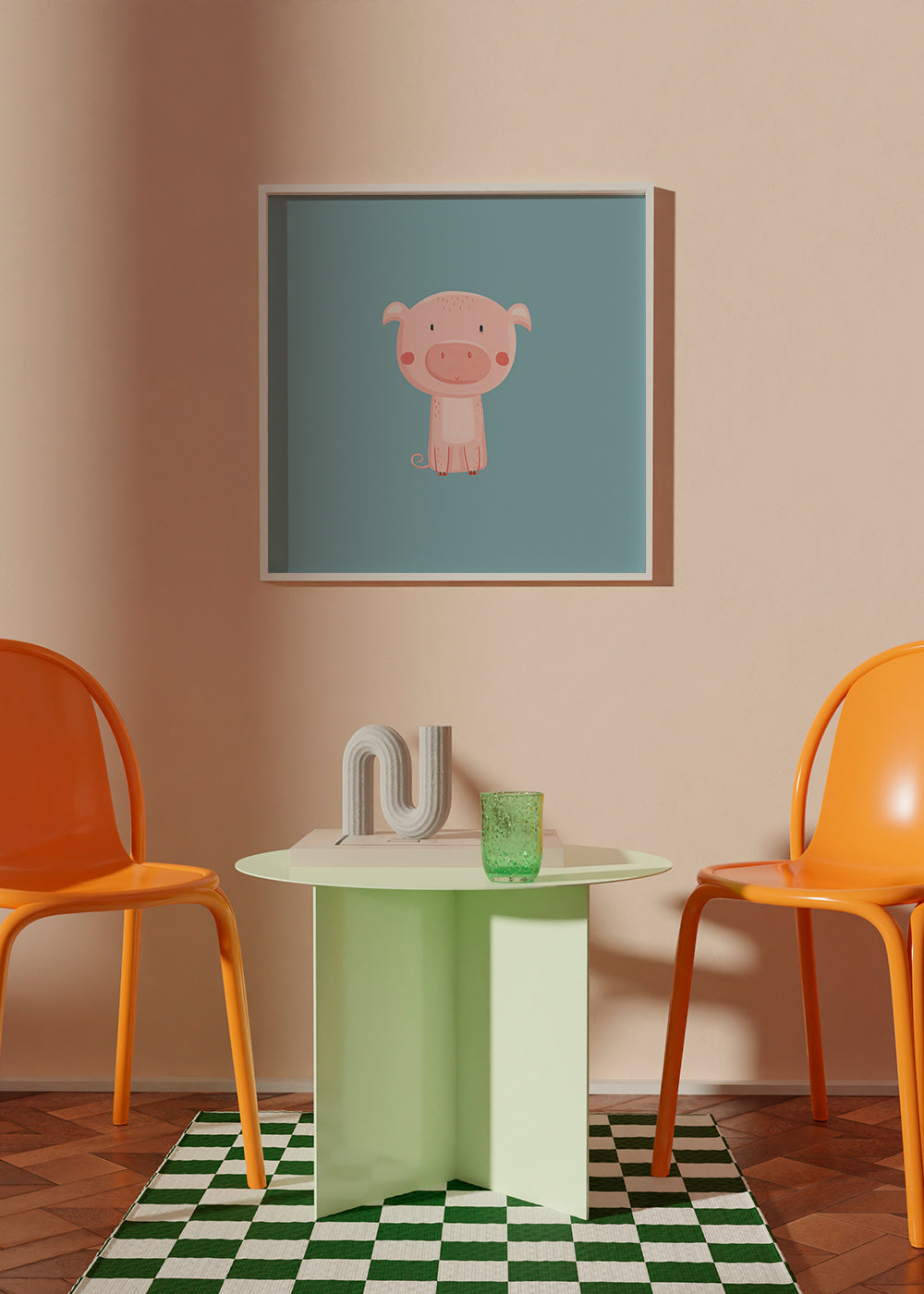 Kinderposter met roze biggetje in het midden