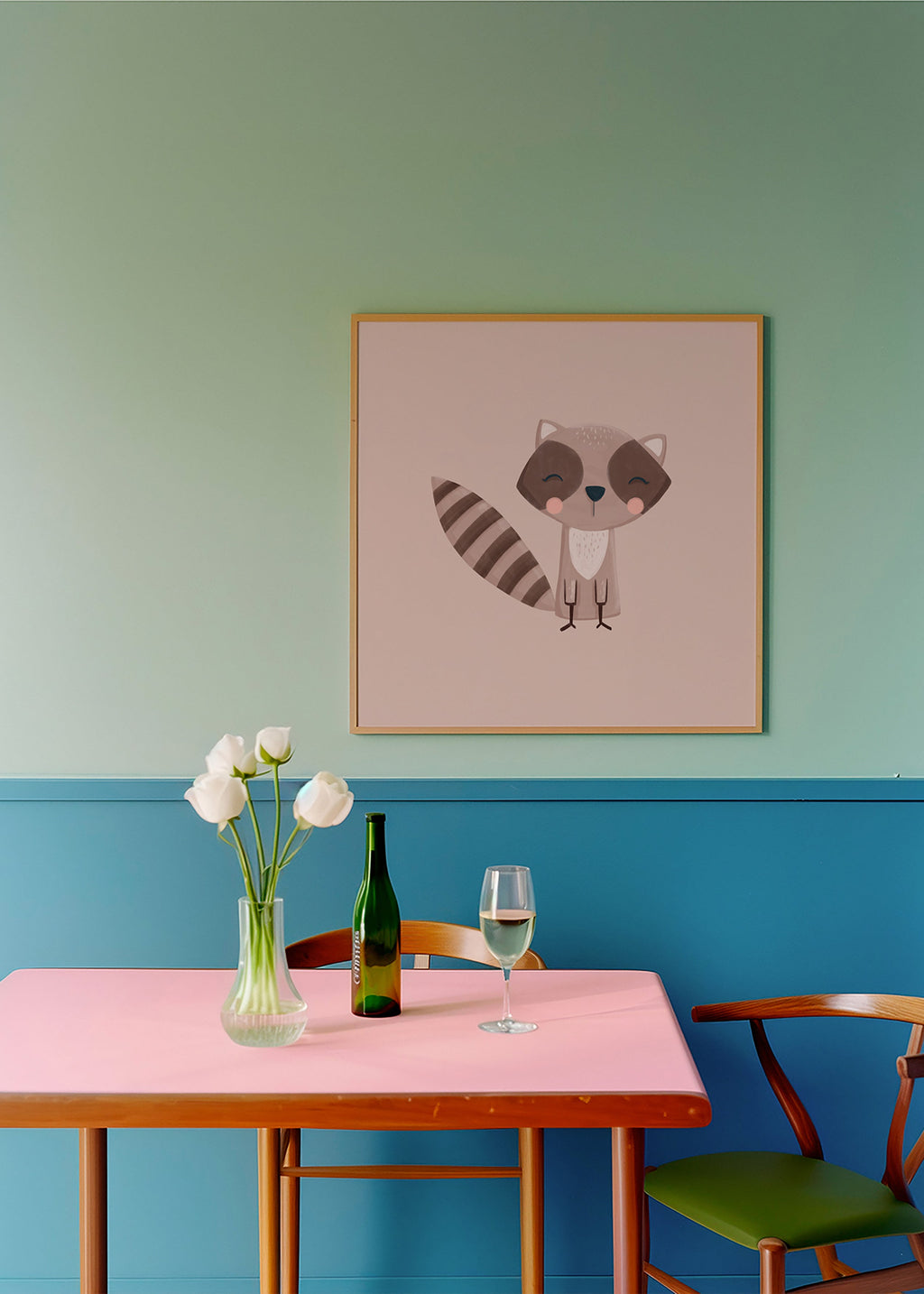 Kinderprint: glimlachende wasbeer op beige achtergrond