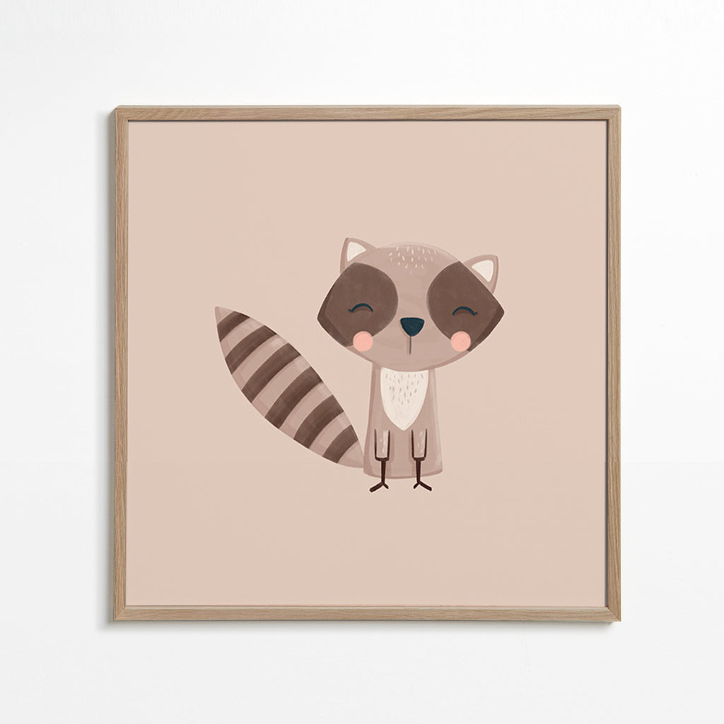 Kinderprint: glimlachende wasbeer op beige achtergrond