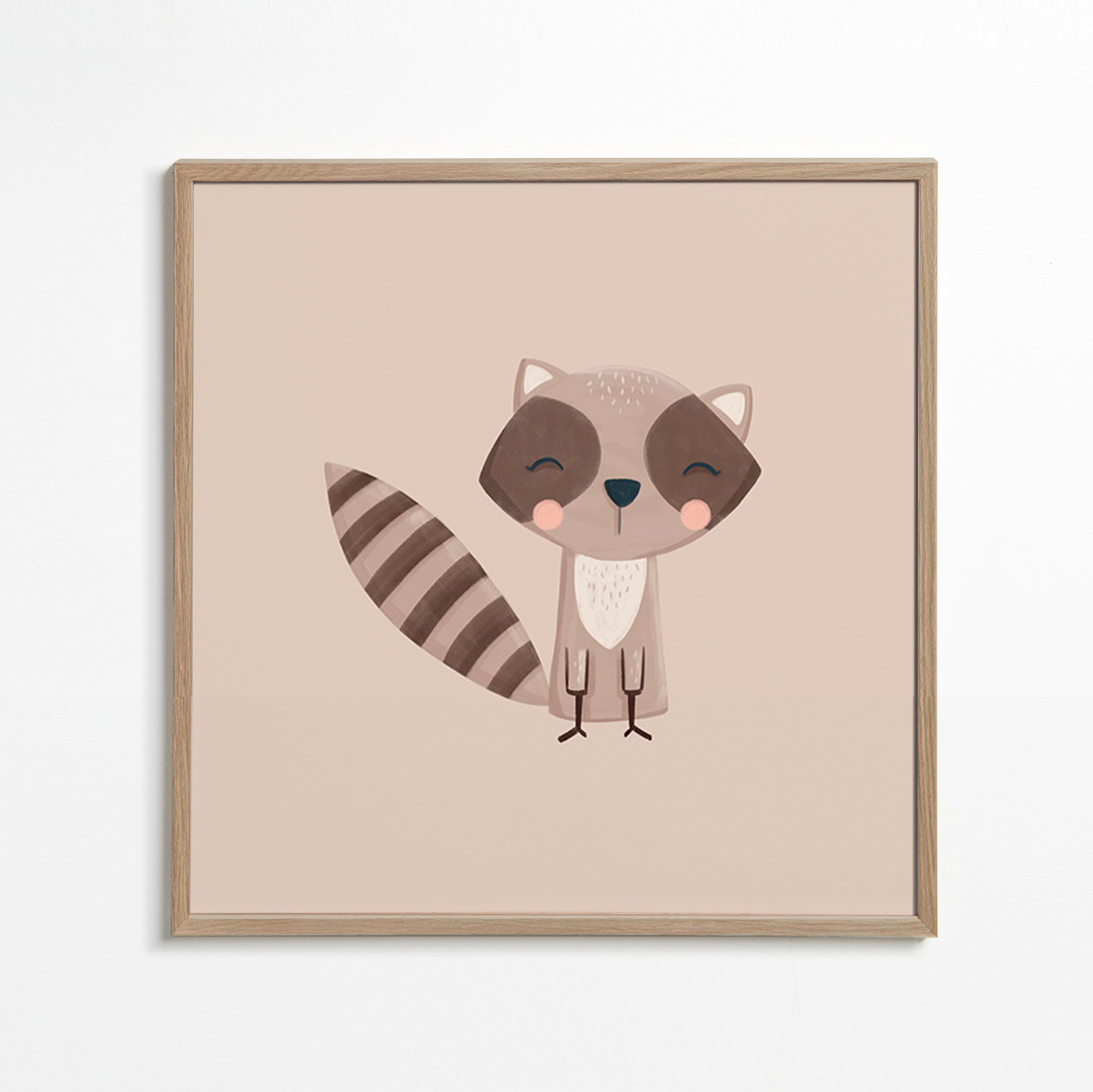 Kinderprint: glimlachende wasbeer op beige achtergrond