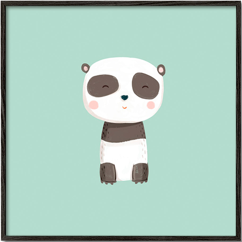 Kinderposter met lachende panda op mintgroene achtergrond