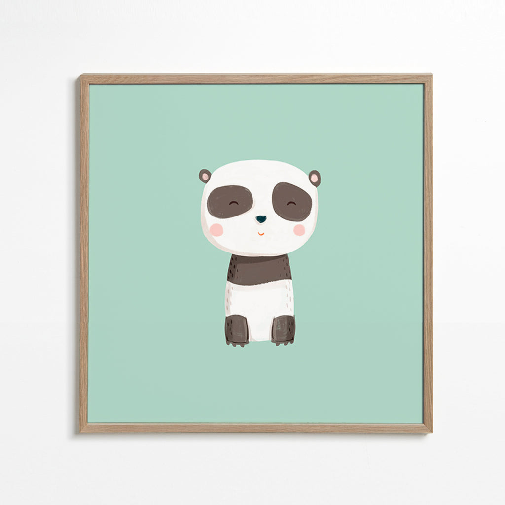 Kinderposter met lachende panda op mintgroene achtergrond