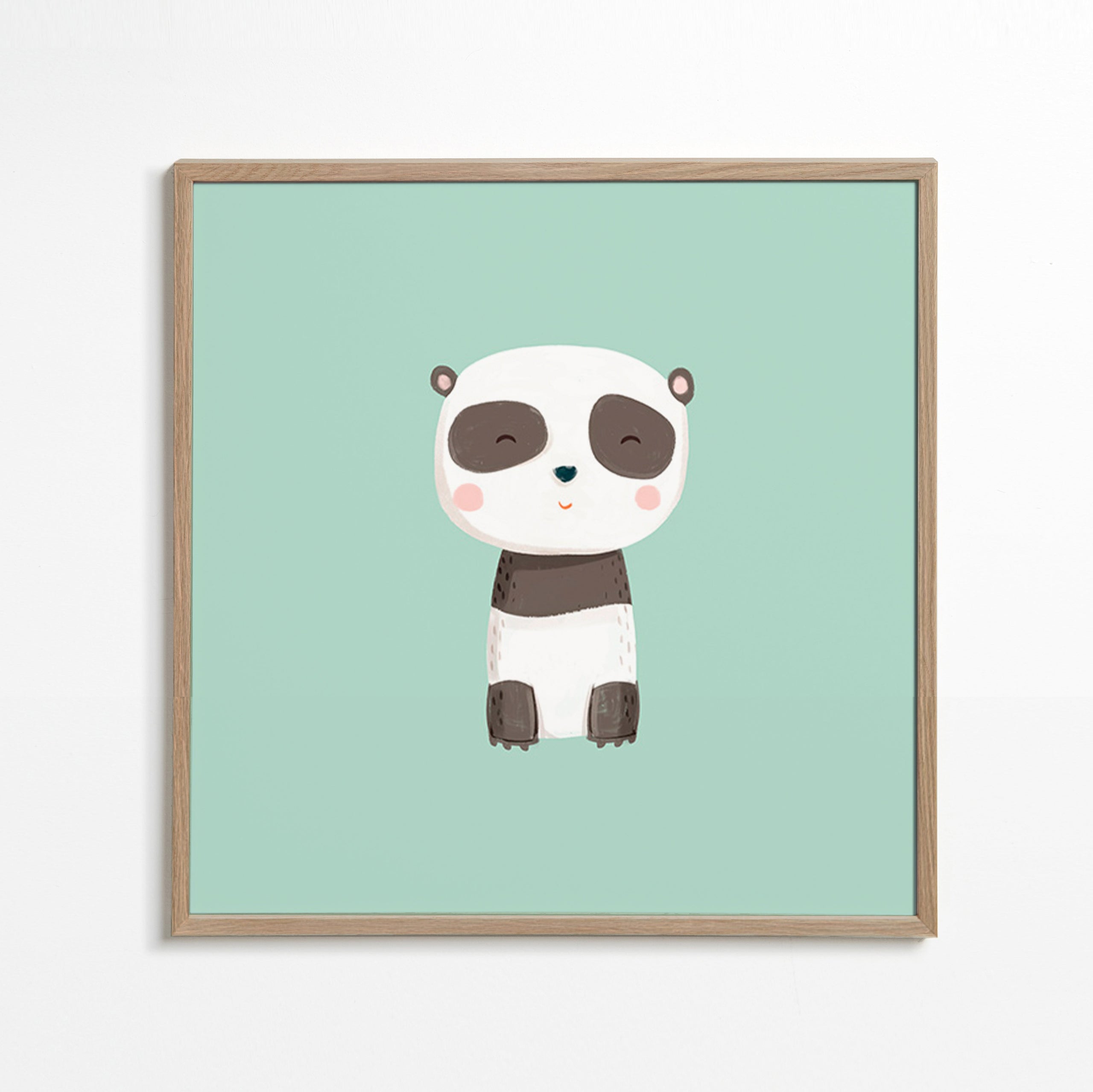Kinderposter met lachende panda op mintgroene achtergrond