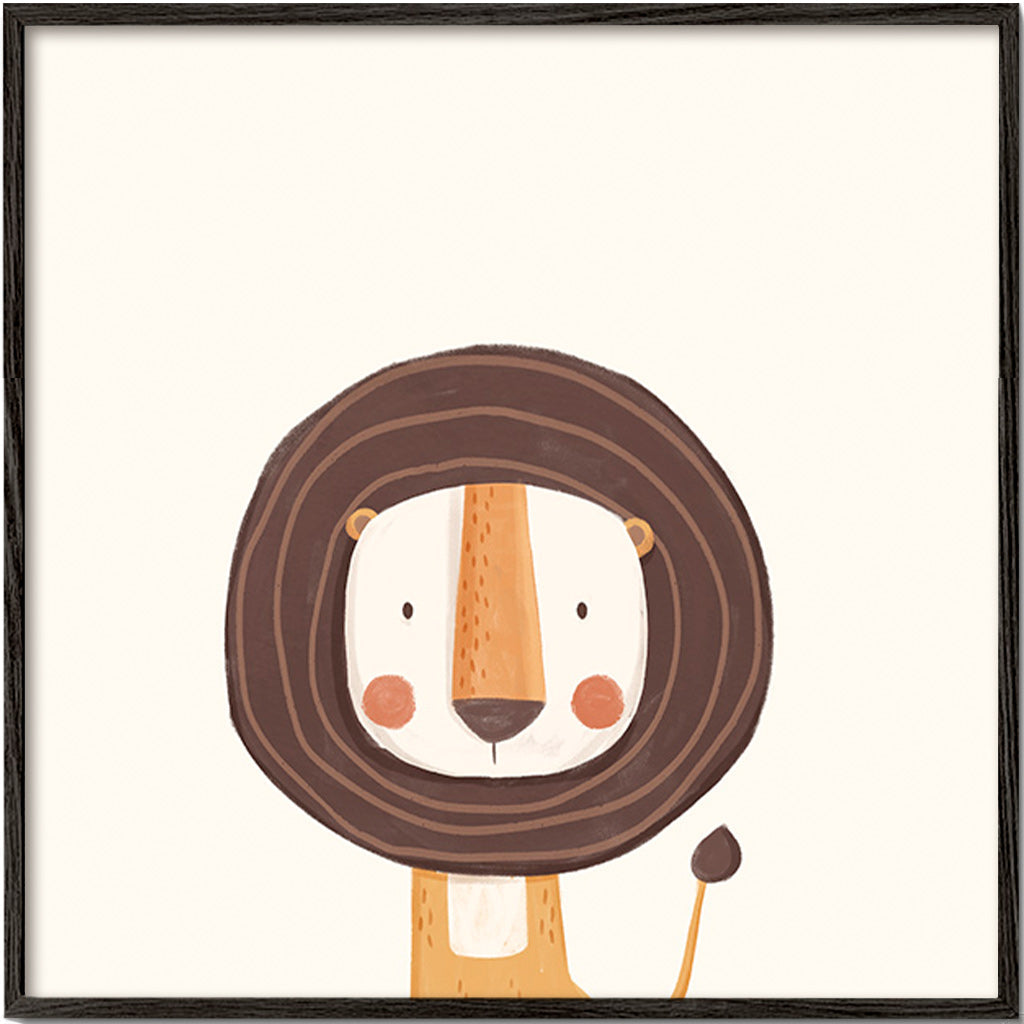 Kinderposter met glimlachende leeuw in minimalistische stijl