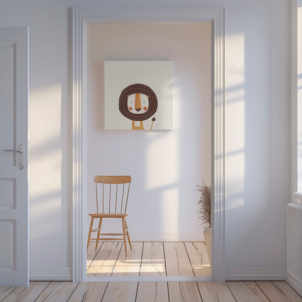 Kinderposter met glimlachende leeuw in minimalistische stijl