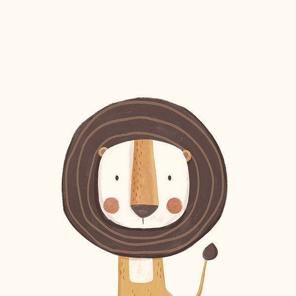 Kinderposter met glimlachende leeuw in minimalistische stijl