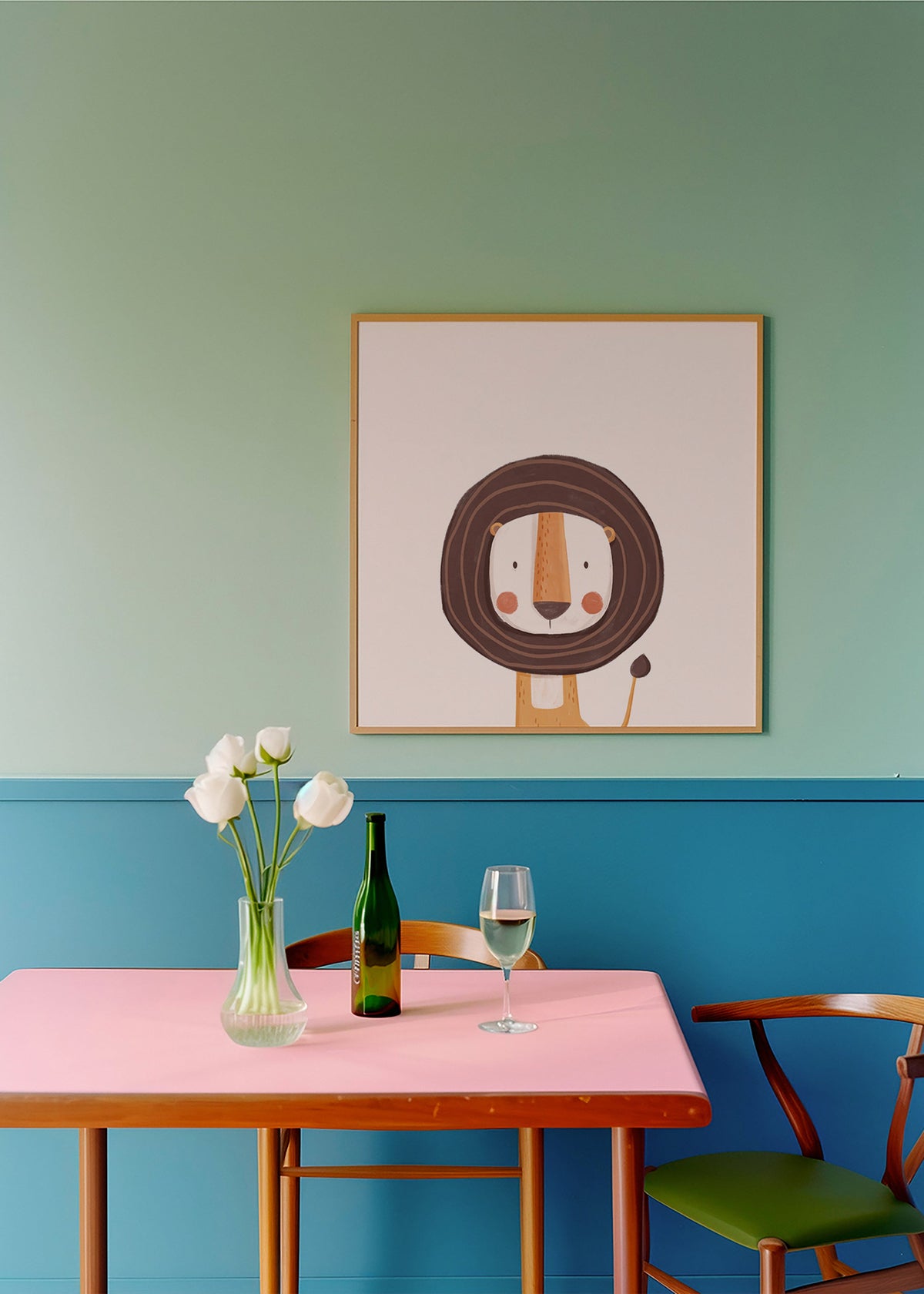 Kinderposter met glimlachende leeuw in minimalistische stijl