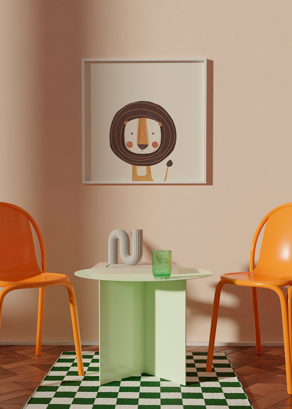 Kinderposter met glimlachende leeuw in minimalistische stijl