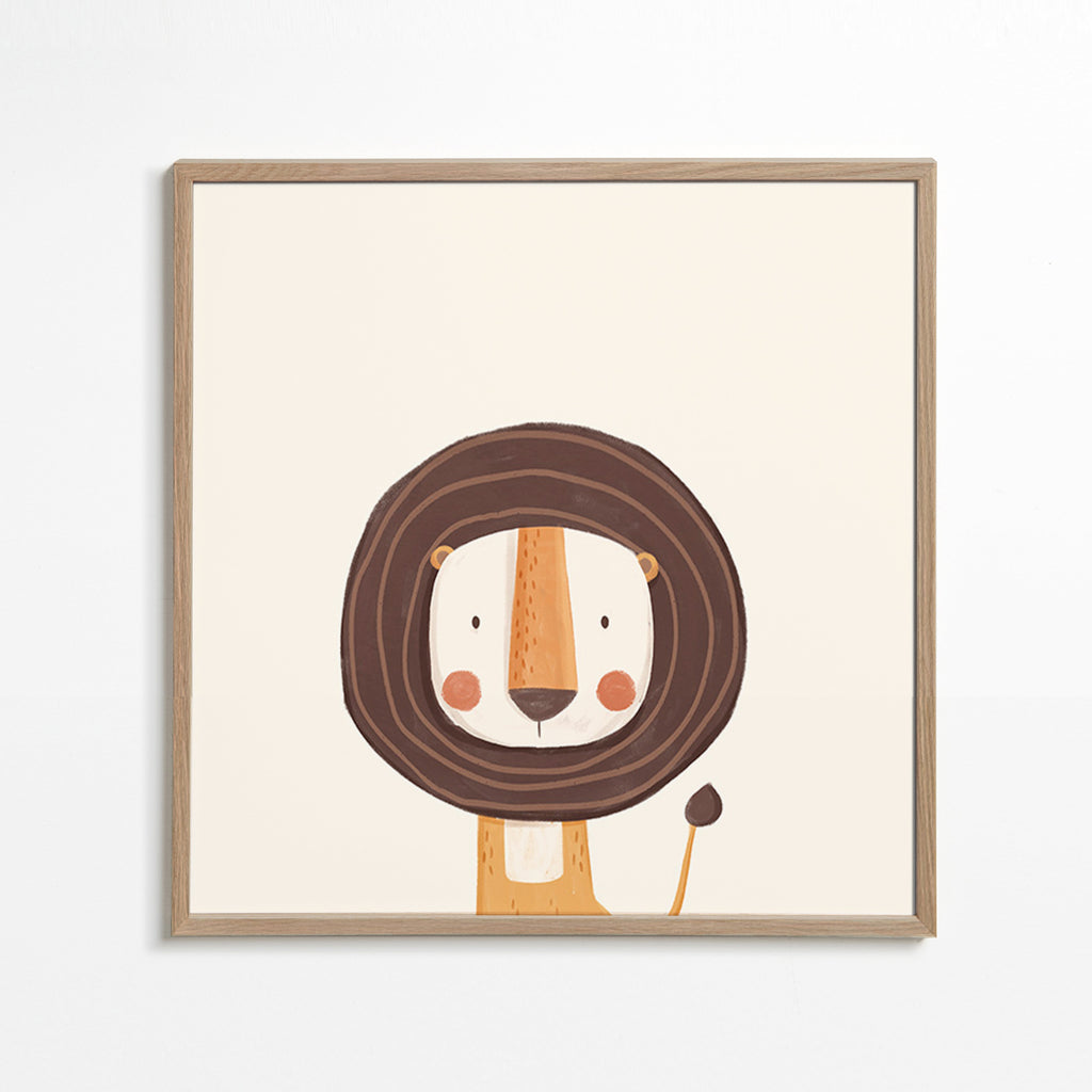 Kinderposter met glimlachende leeuw in minimalistische stijl