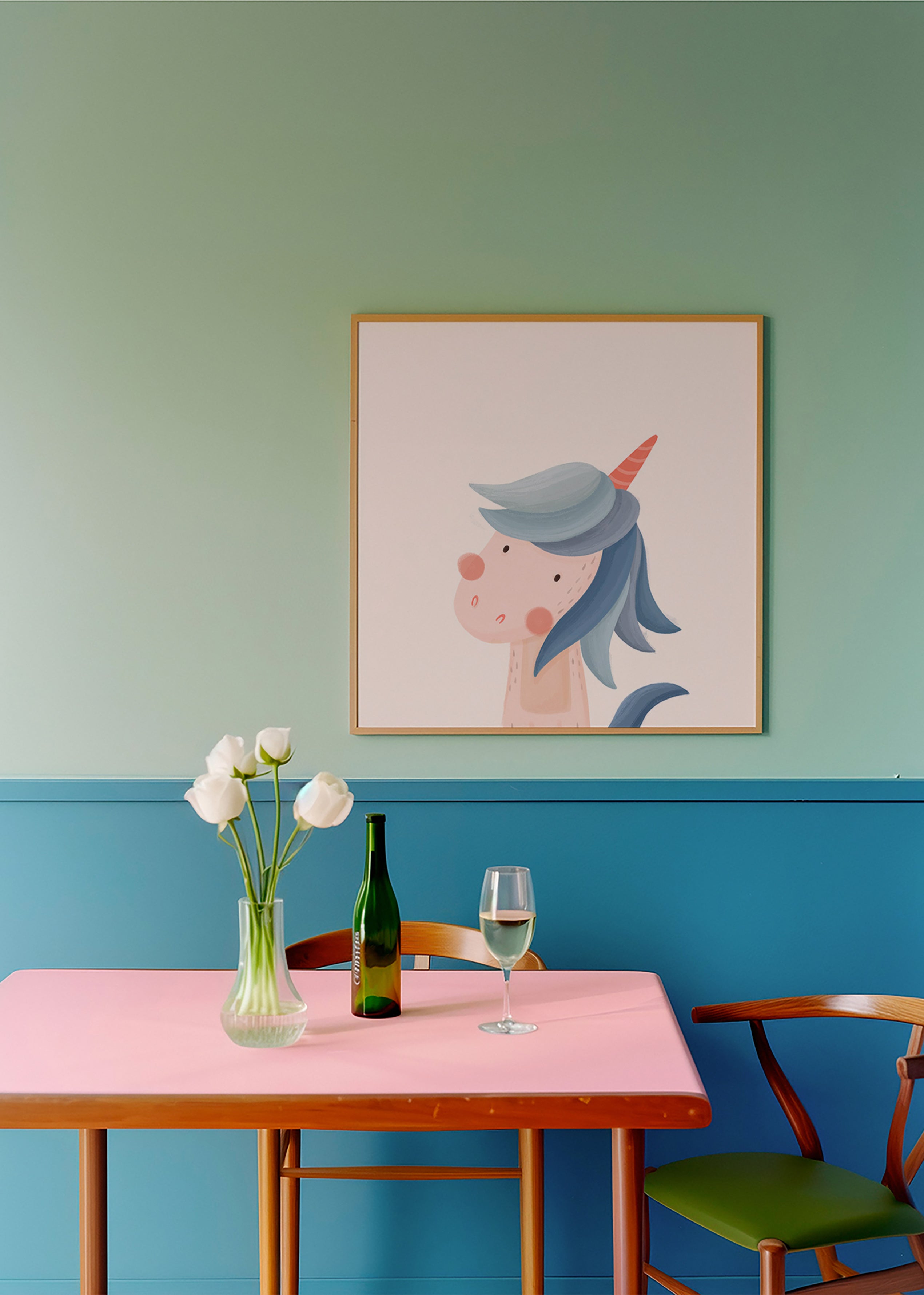 Kinderprint vrolijke blauwe eenhoorn