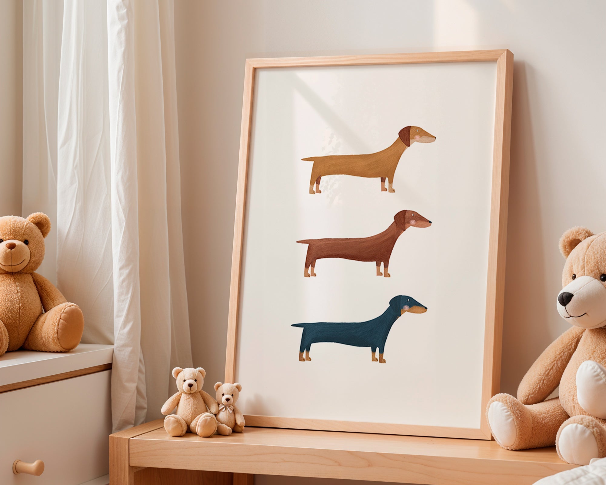 Kunstwerk met teckels in minimalistische stijl