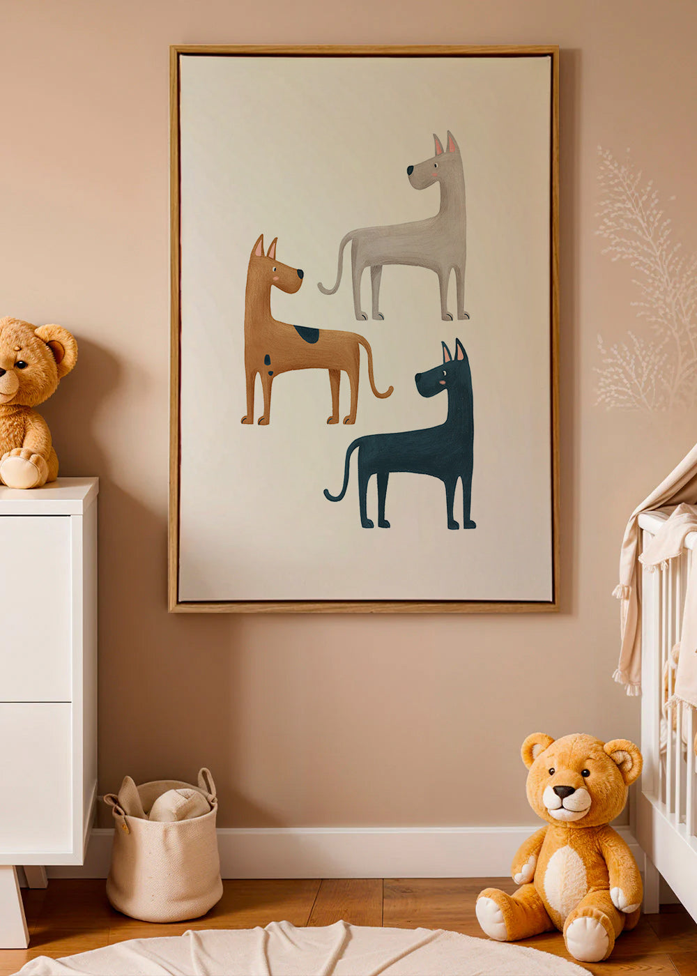 Kunstwerk met drie geïllustreerde honden