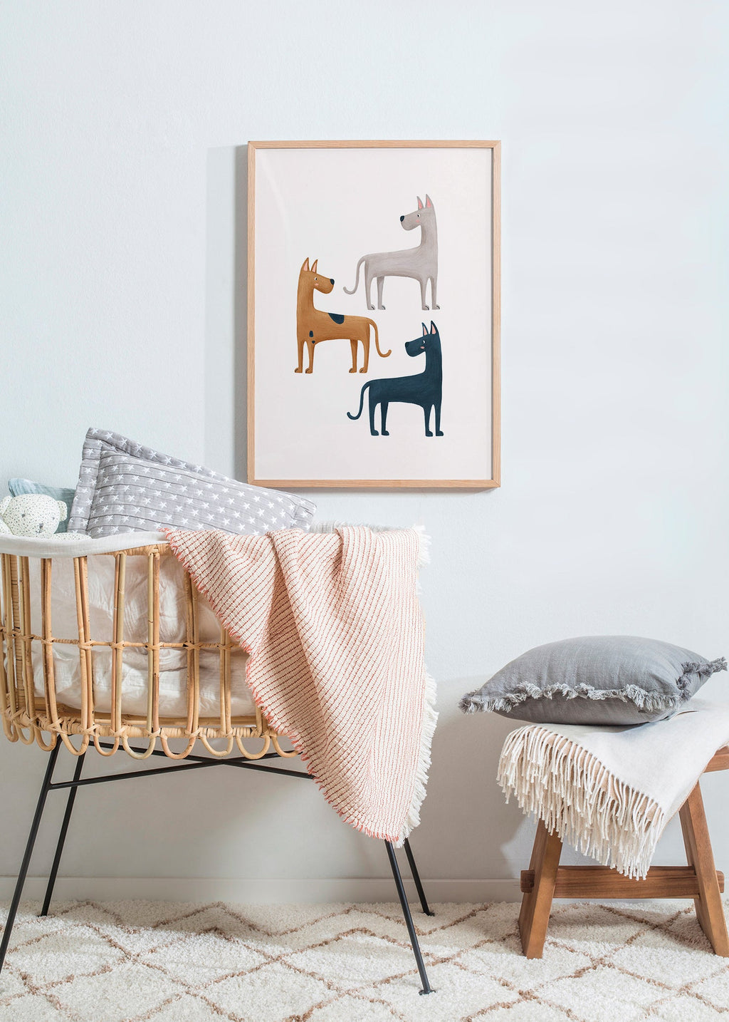 Kunstwerk met drie geïllustreerde honden