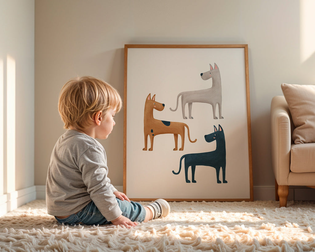 Kunstwerk met drie geïllustreerde honden