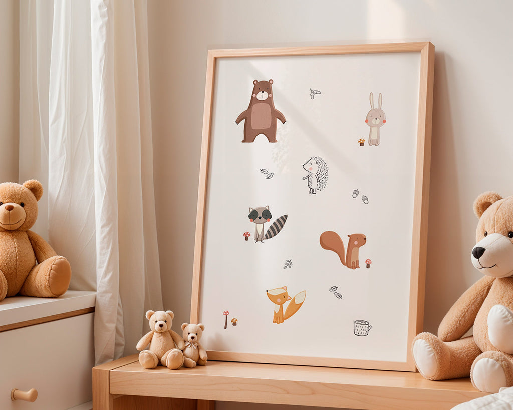 Kinderposter bosvrienden in zachte pasteltinten
