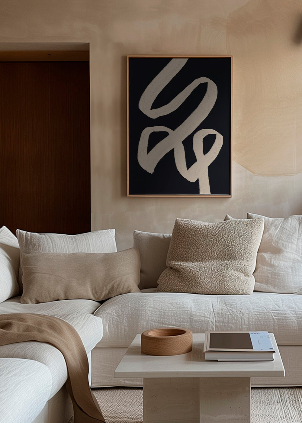 Abstracte kunst met beige streep op donkere achtergrond