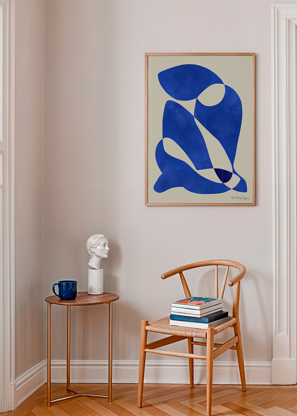 Abstract kunstwerk met organische blauwe vormen