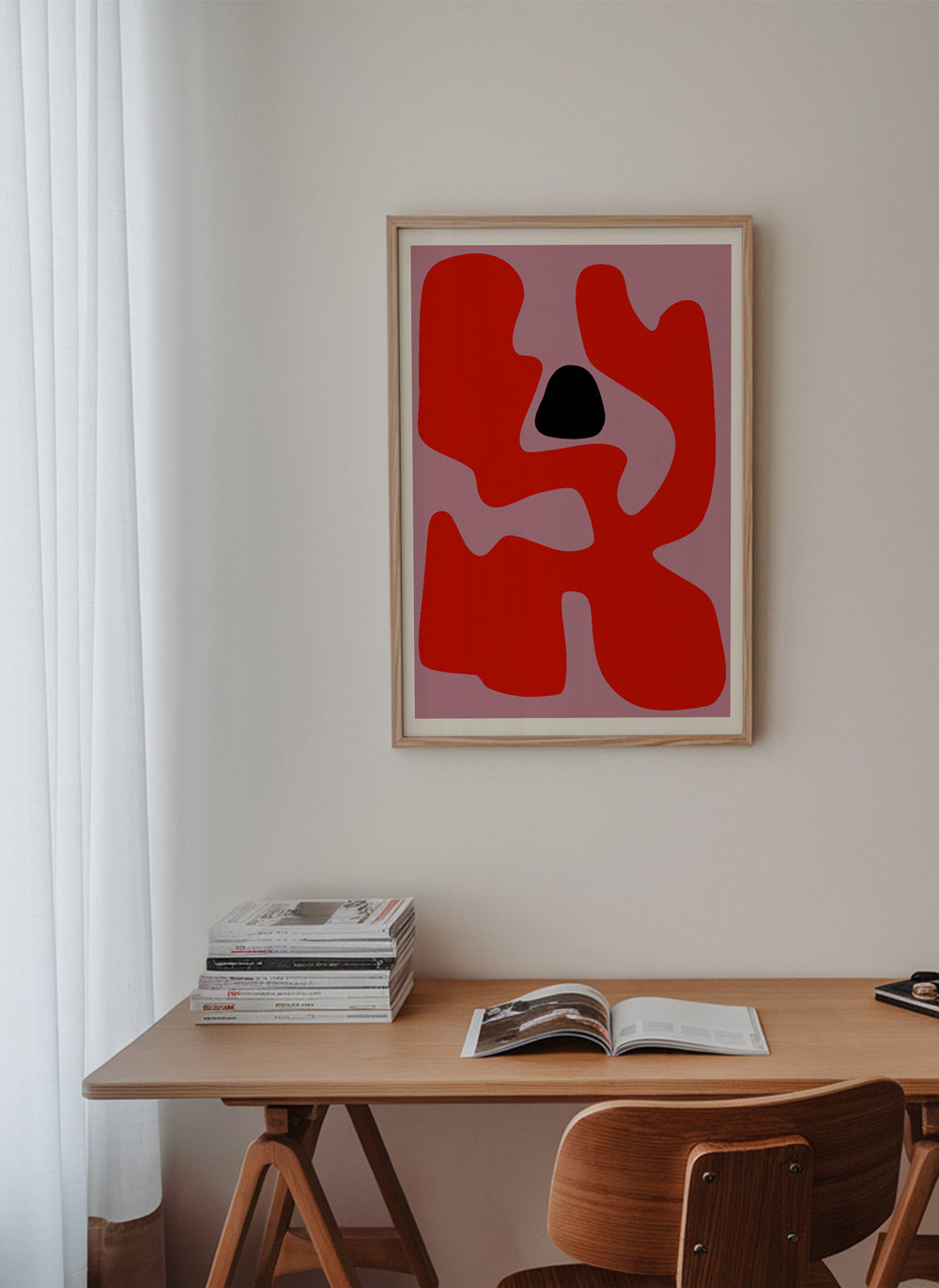 Abstract kunstwerk met organische rode vormen