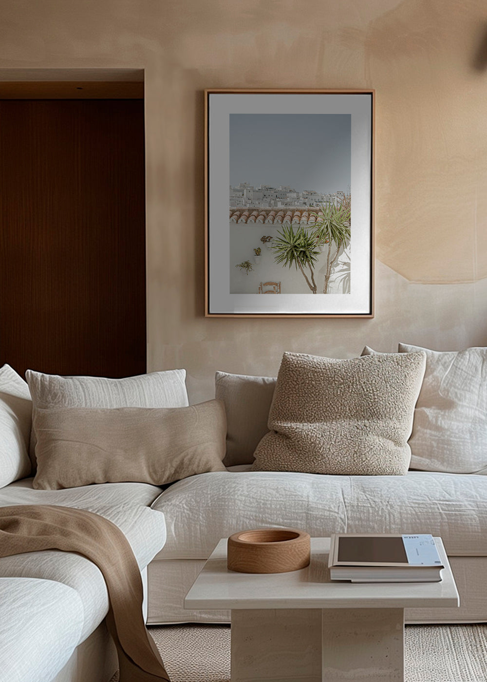 Landschapsposter met witte daken en yucca