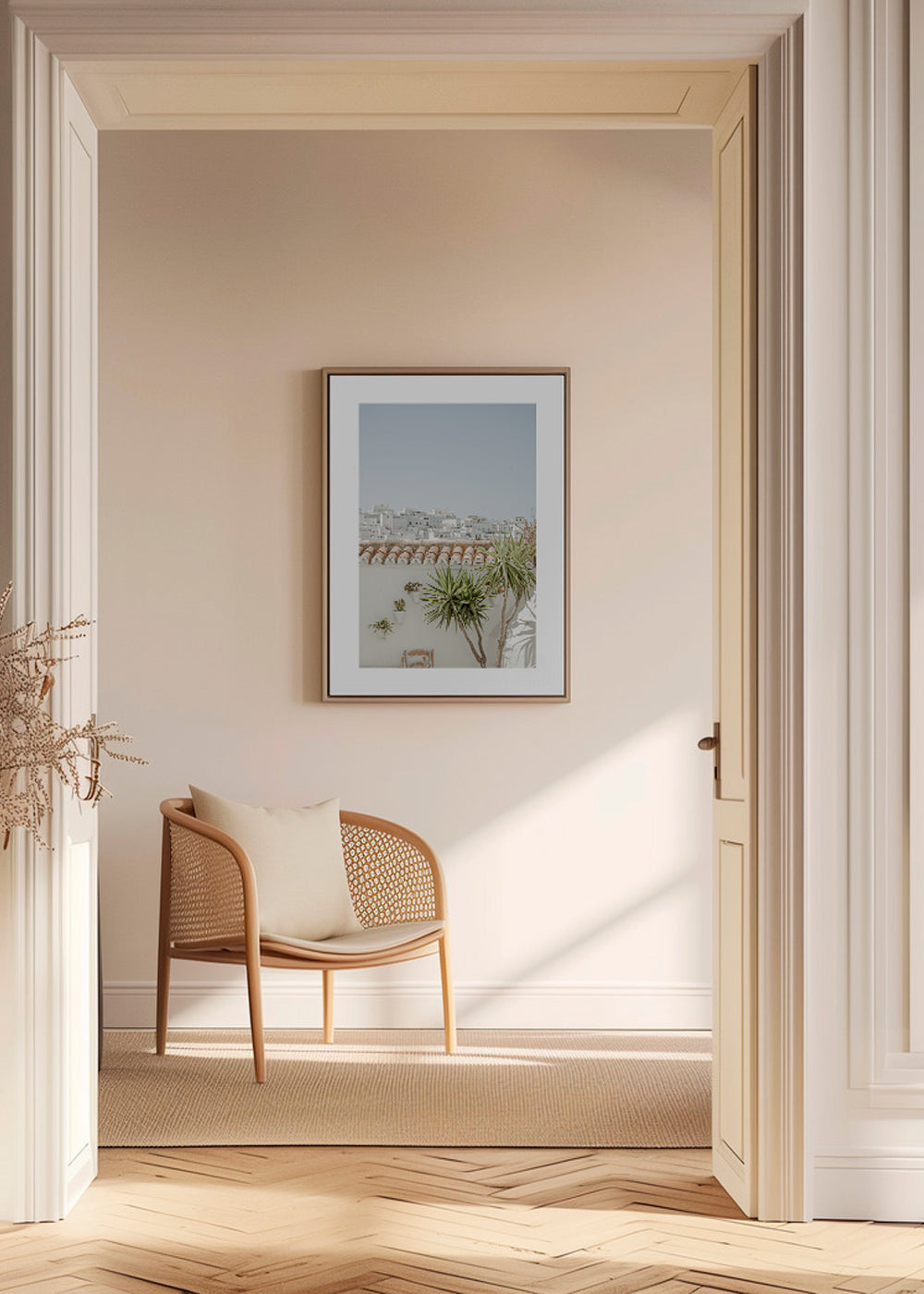 Landschapsposter met witte daken en yucca