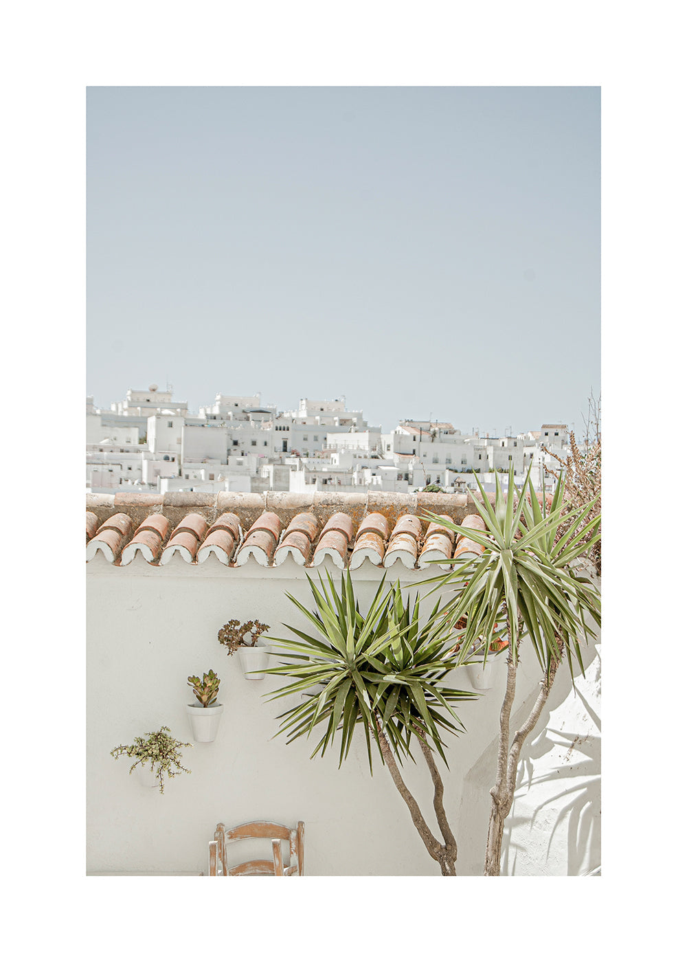 Landschapsposter met witte daken en yucca