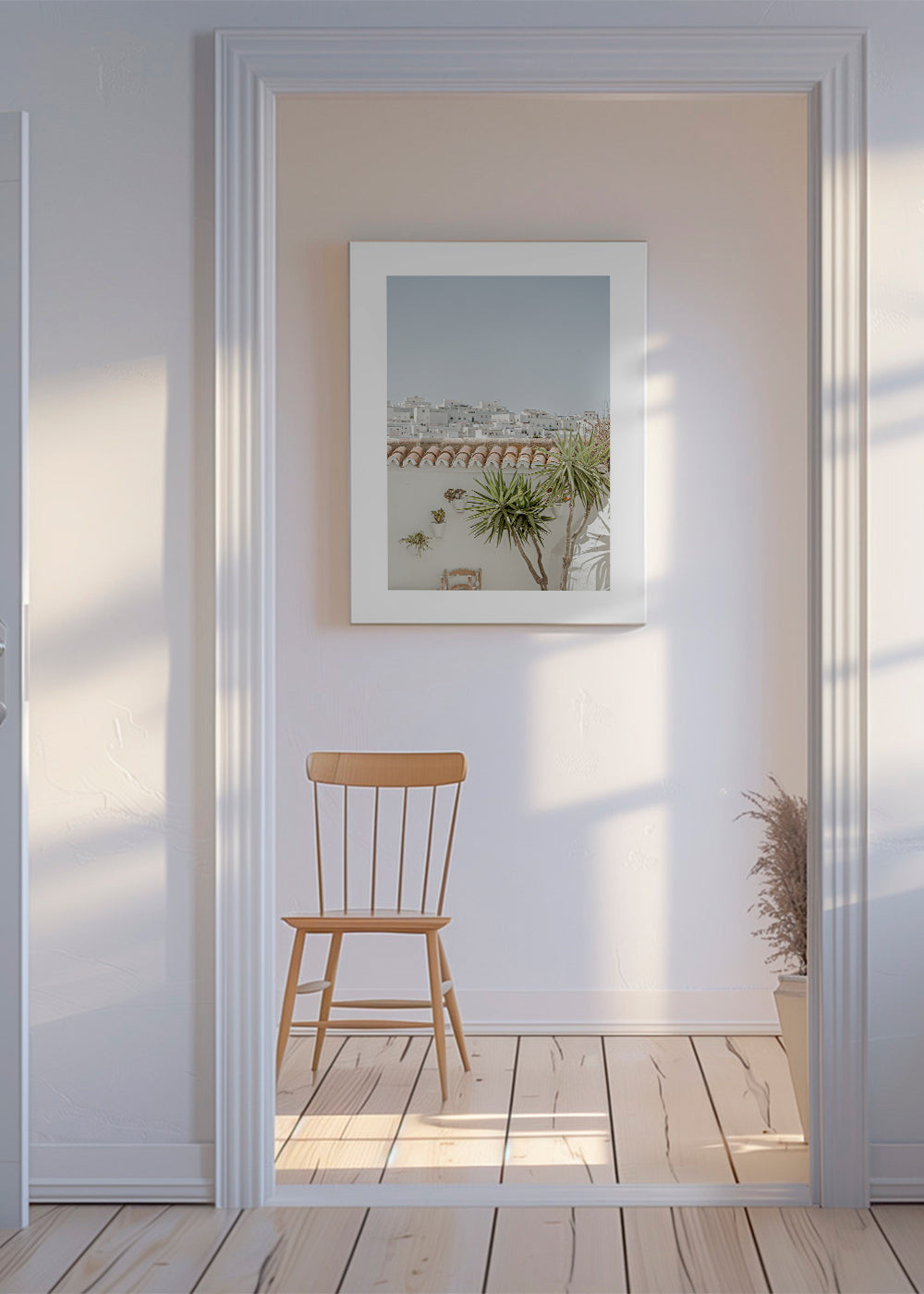 Landschapsposter met witte daken en yucca
