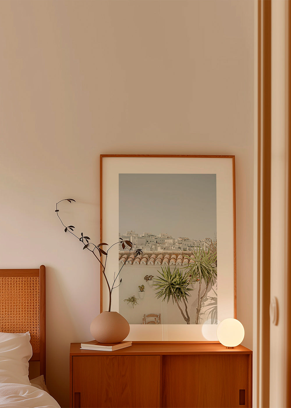 Landschapsposter met witte daken en yucca