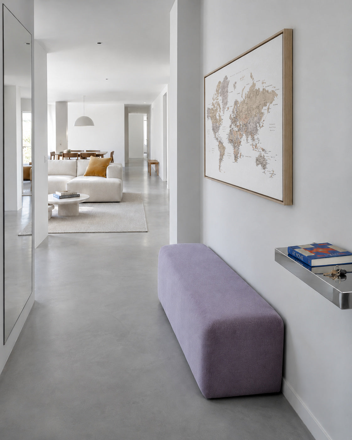 Detailed taupe watercolor world map with labels in Spanish, Abey - Framed canvas in an interior