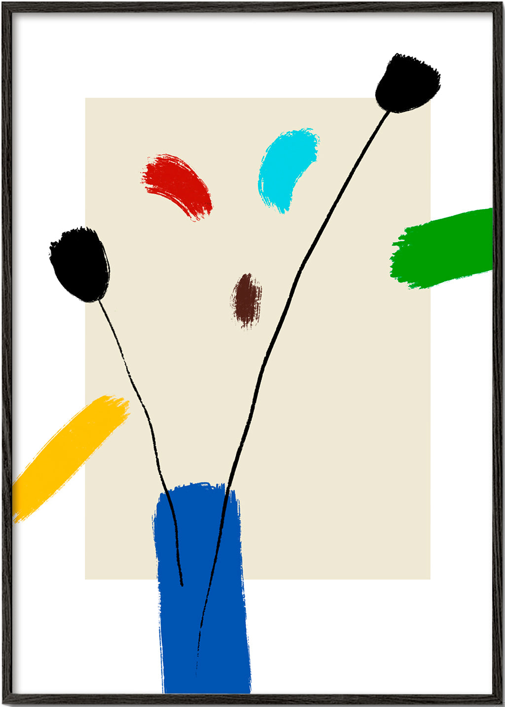 Botanische print: Vrolijke bloemen in blauwe vaas