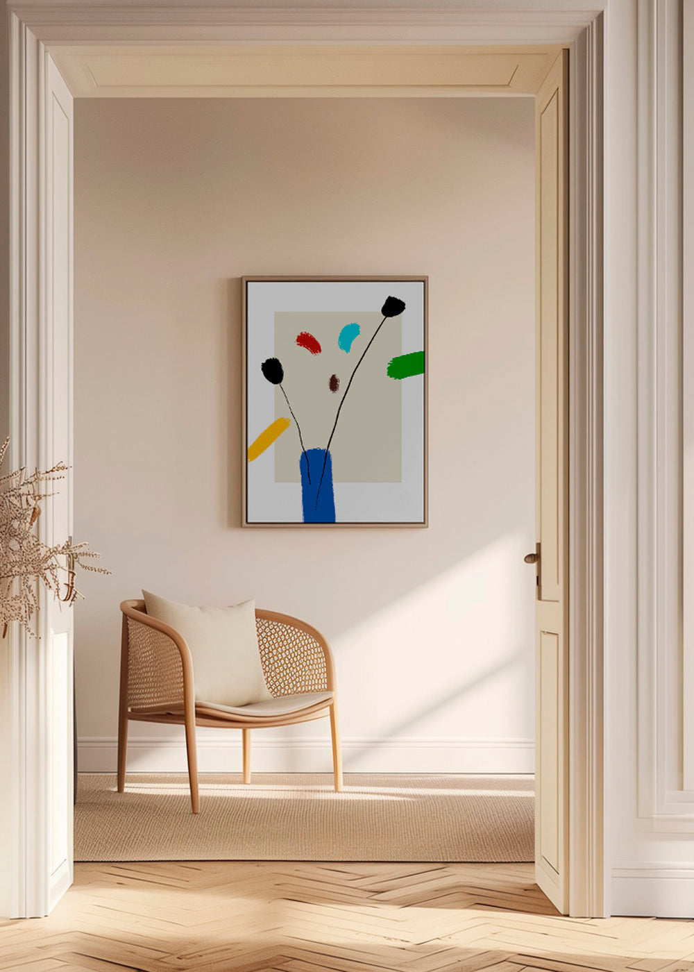 Botanische print: Vrolijke bloemen in blauwe vaas