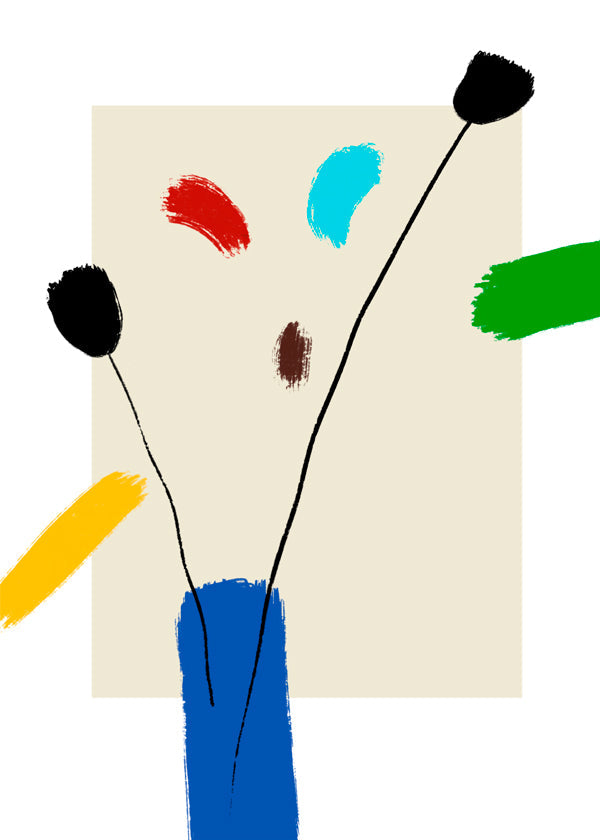 Botanische print: Vrolijke bloemen in blauwe vaas
