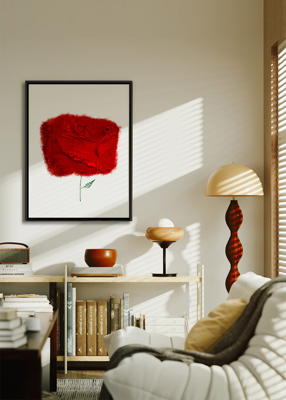 Botanische print met rode textuurbloem