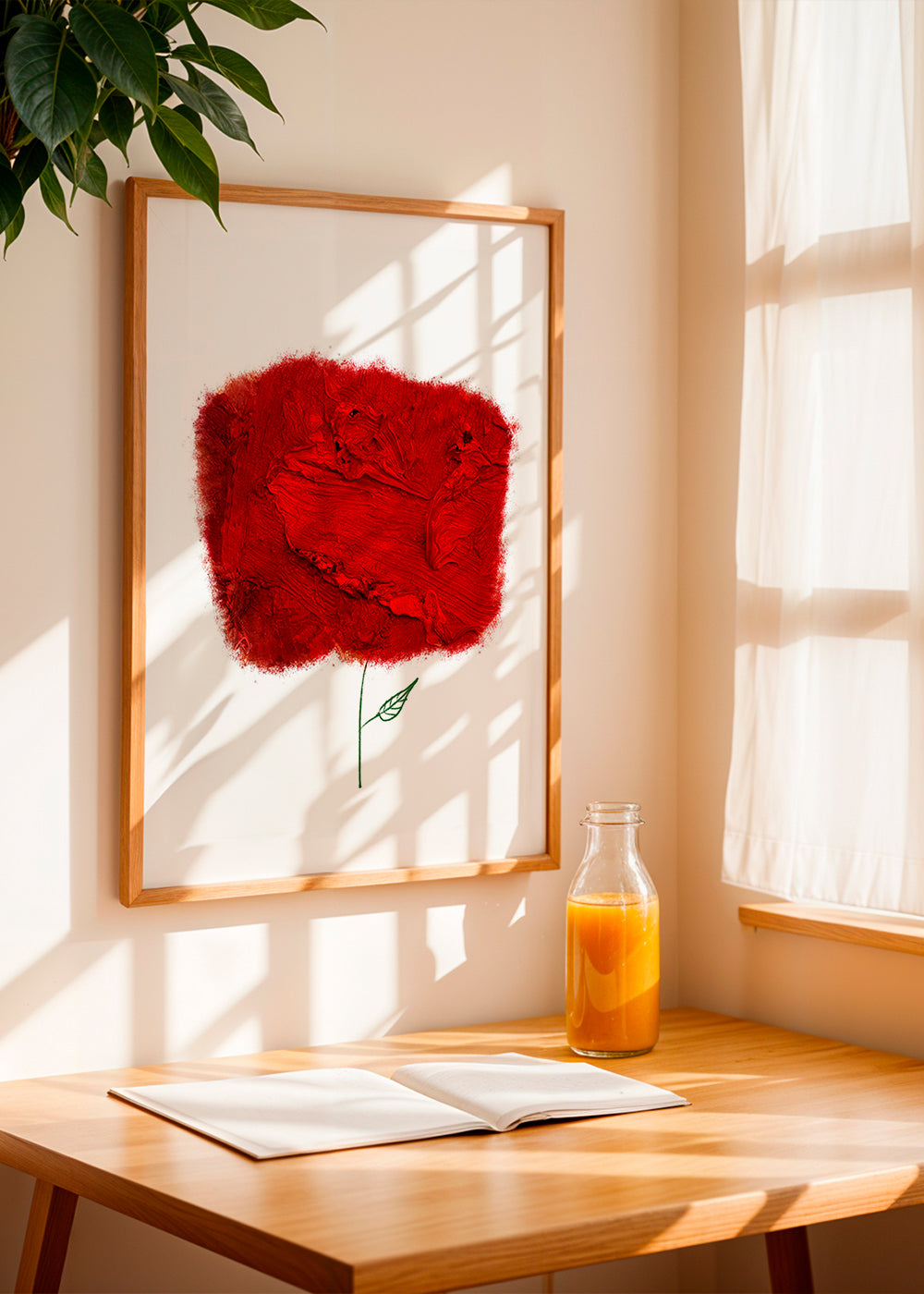 Botanische print met rode textuurbloem