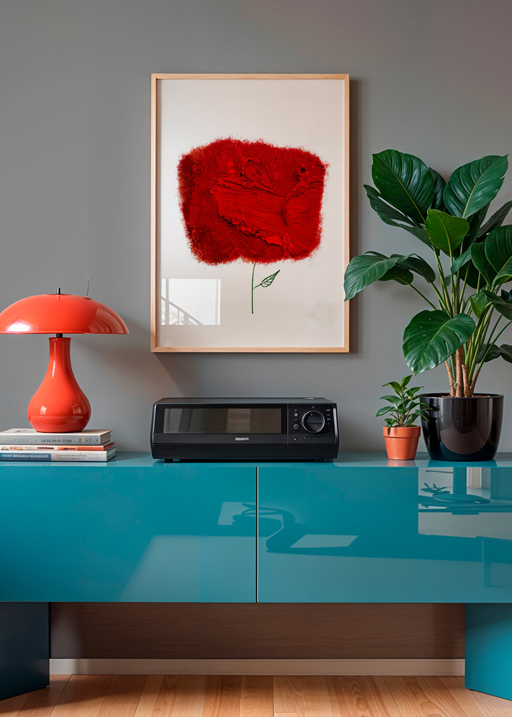 Botanische print met rode textuurbloem
